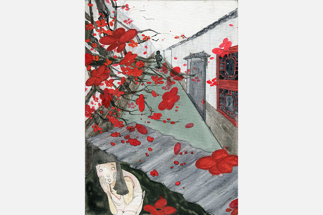 在夢裏,這個女生總是在毗鄰學校的一條長滿青草、開滿血色紅梅的石板路上奔跑,躲避未知男子的追逐。「內心的恐懼應該是六歲那年跑進去的。當時我從外婆家回到自己的家,因為不肯上幼兒園天天被打,每一次我都死拽着路邊的青草不肯走,這也許是後來夢裏反覆出現青草的原因。」女孩認為青草和石棉板是她隱藏內心恐懼的道具,而未知男子也許是她內心恐懼的象徵。她對畫夢的藝術家劉爽說:「謝謝為我畫夢,對我來說做夢只是拂開內心表層灰塵的那隻手。」