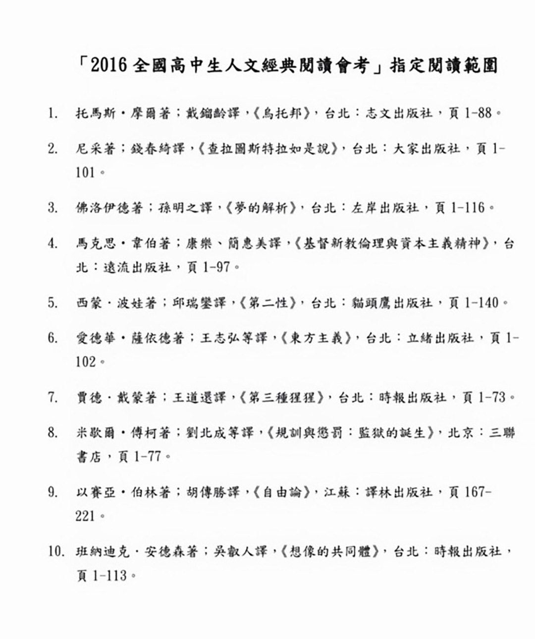“2016全国高中生人文经典阅读会考竞赛活动”的书单。图撷自台湾师范大学文学院网站