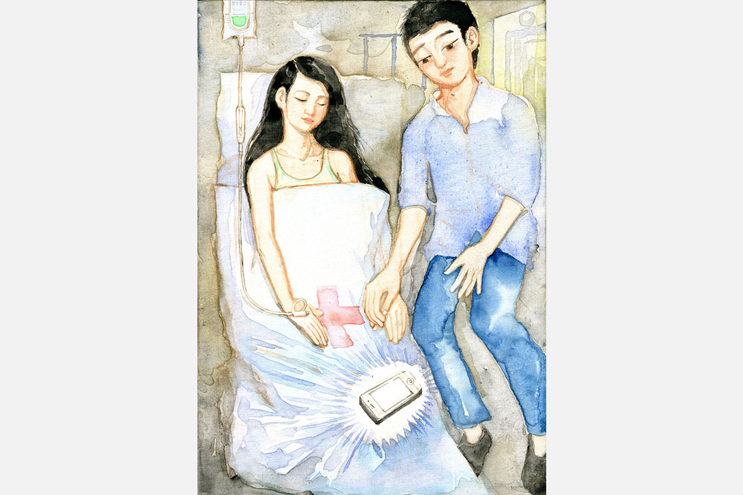 一對情侶的女方找到了李洋說,「他家人想要本地的女孩子,而我不是。我大三,過一個月要畢業了,也許真的很怕他會離開。」後來她做夢就夢見生病,她在輸液,男的陪着她,照顧得特別好,手機突然就響了,傳出一個聲音說:你趕緊離開他,回家找個本地女孩子,然後男孩舉着手機一步一步就離開了。李洋畫下手機響的一瞬間,他們的手還是握在一起的。畫完以後,女孩告訴李洋,他們又在一起了。