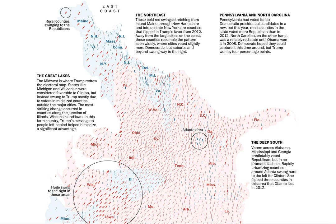 《華盛頓郵報》專題《How Trump redrew the electoral map, from sea to shining sea》(從西岸到東岸,特朗普如何重繪選舉地圖)截圖。