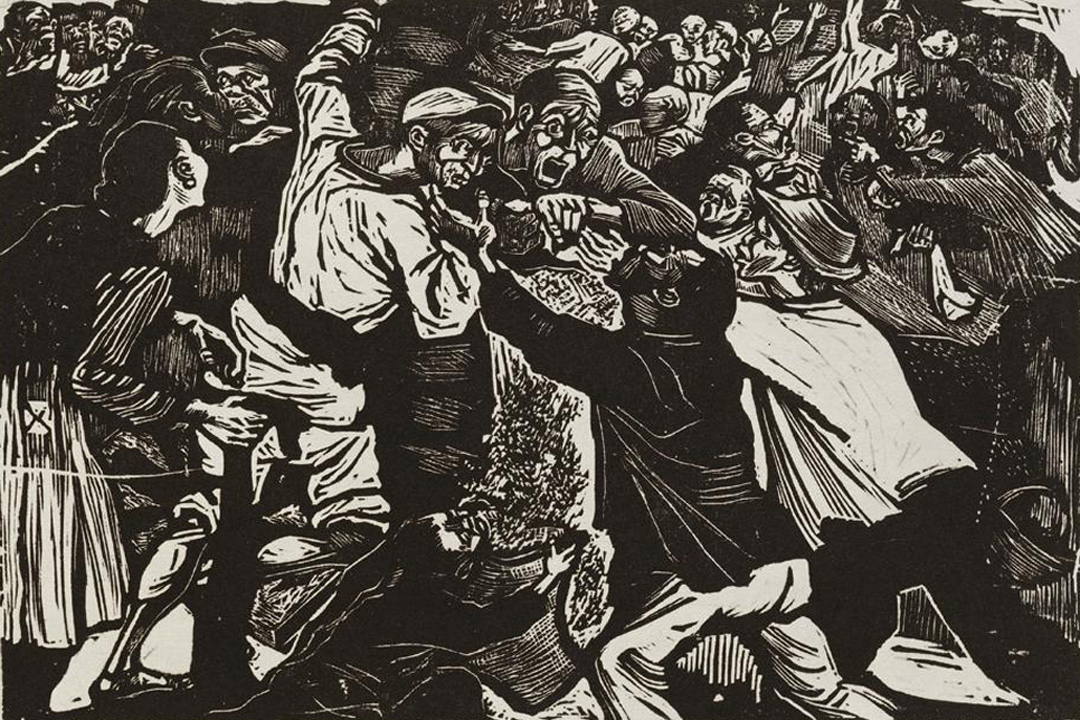 汪刃锋的木刻版画《为了米》(1948)反映出二二八事件发生前,台湾人民惊慌抢米的混乱情况。