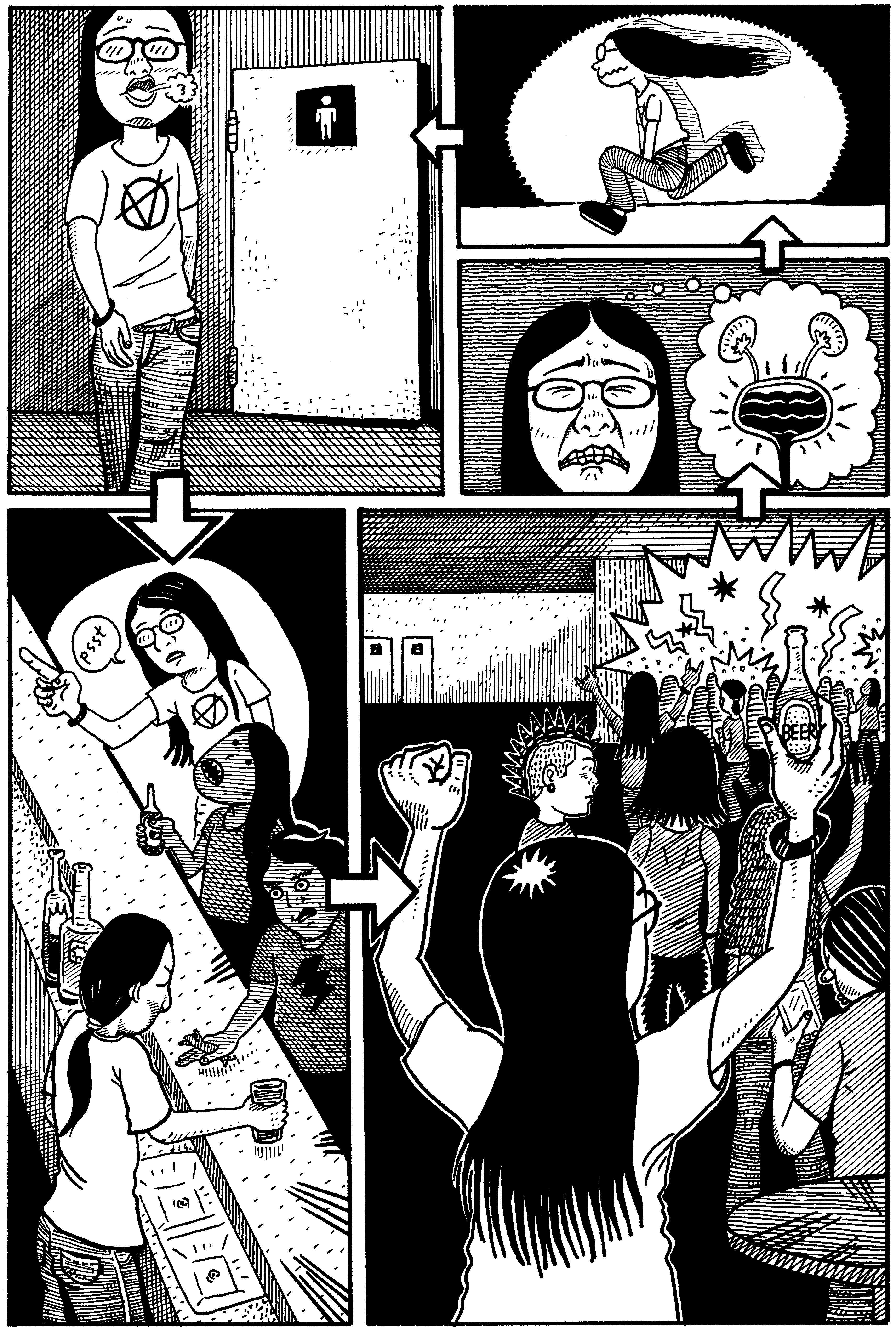 在終章〈金屬頭〉其中一頁是黃駿在一次觀賞地下樂隊表演期間買啤酒、上廁所、上完廁所又買啤酒的經驗。他說,這張圖饒有趣味,但其視覺敘述迴路的表現方式,同時是他在馬尼拉生活的無奈感之寫照。