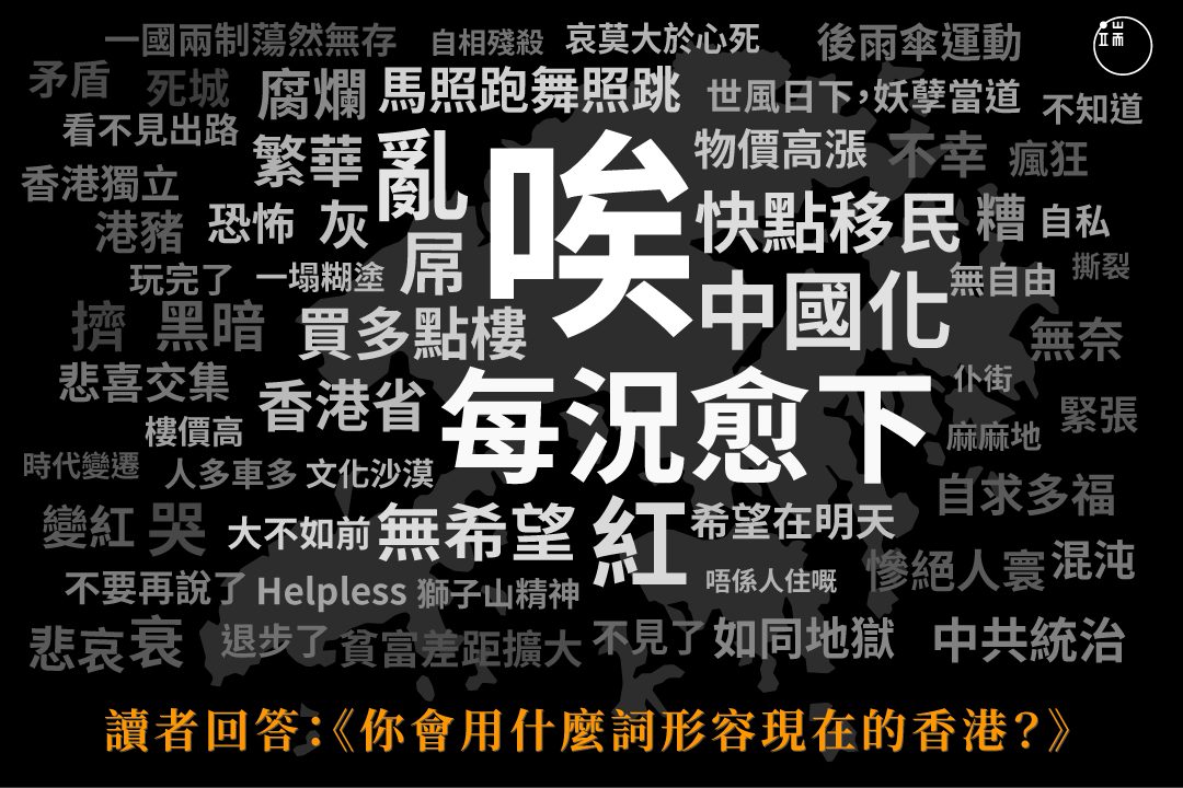 端傳媒根據製作的《在1997年香港生活一天,你會被揭穿是未來人嗎?》小測驗,收集了讀者形容香港的詞語,按照詞語出現的頻次,製作了這張圖。