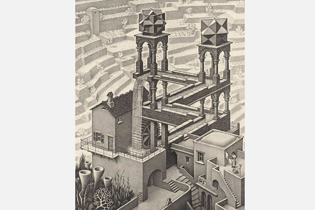 埃舍尔1961年版画作品《瀑布》。