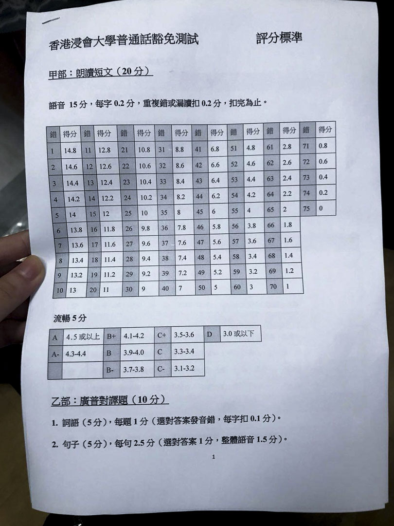 浸大學生會會長劉子頎向《端傳媒》提供1月17日從副校長周偉立手中獲得的評分準則相片。