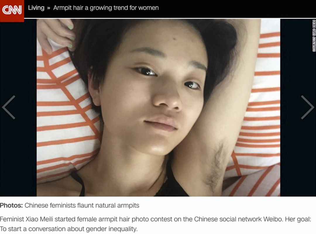 腋毛大賽,也就是女生曬腋毛的照片發到互聯網上,腋毛大賽是最温和、最沒有直接明確訴求的一個行動。但是它存在的目的就是好像一個呼喊,好像在說我們沒有死,像腋毛一樣生生不息。
