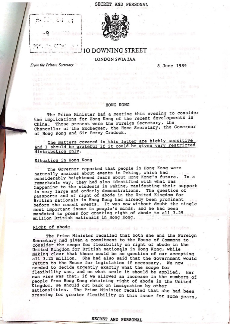 「香港前途計劃」成員近日從六四檔案中發現的第一手史料,是1989年6月8日,時任英國首相戴卓爾夫人曾與時任港督衛奕信進行內部對話,提及香港民主化進程要加速的問題。