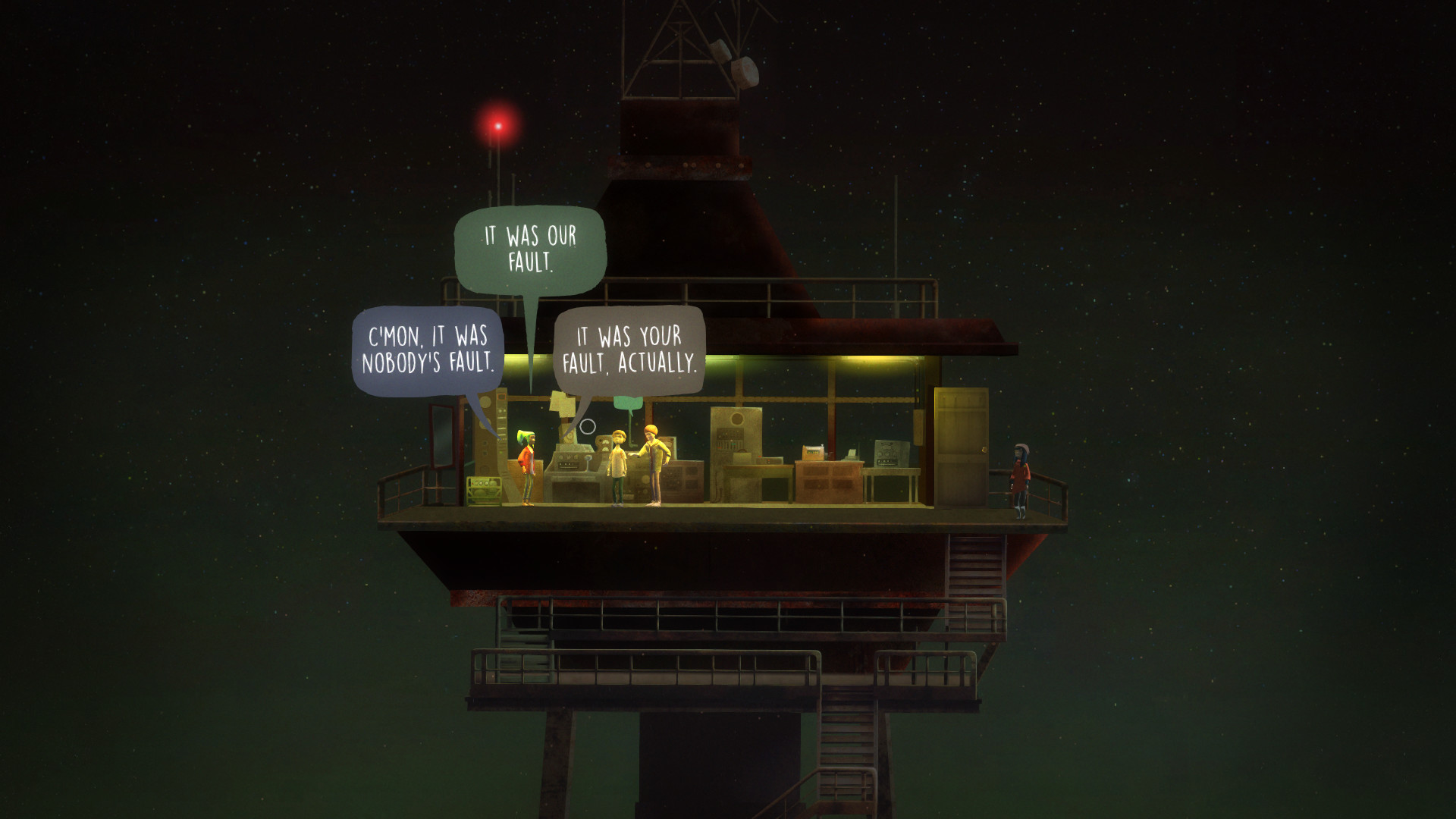 Oxenfree 的對話是去文字的,也是即時的。除非在遊戲設定裏專門選擇,人物對話由聲優全程配音,並不出現字幕。