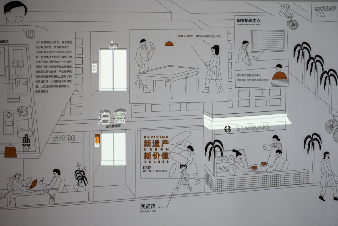 泊寓華為基地店是「萬村計劃」的樣板房,有一幅以新圍仔村為背景創作的繪畫。翻新的公寓居於畫面的中間,旁邊是高檔的飲品店、咖啡館,還有一個立體車庫。