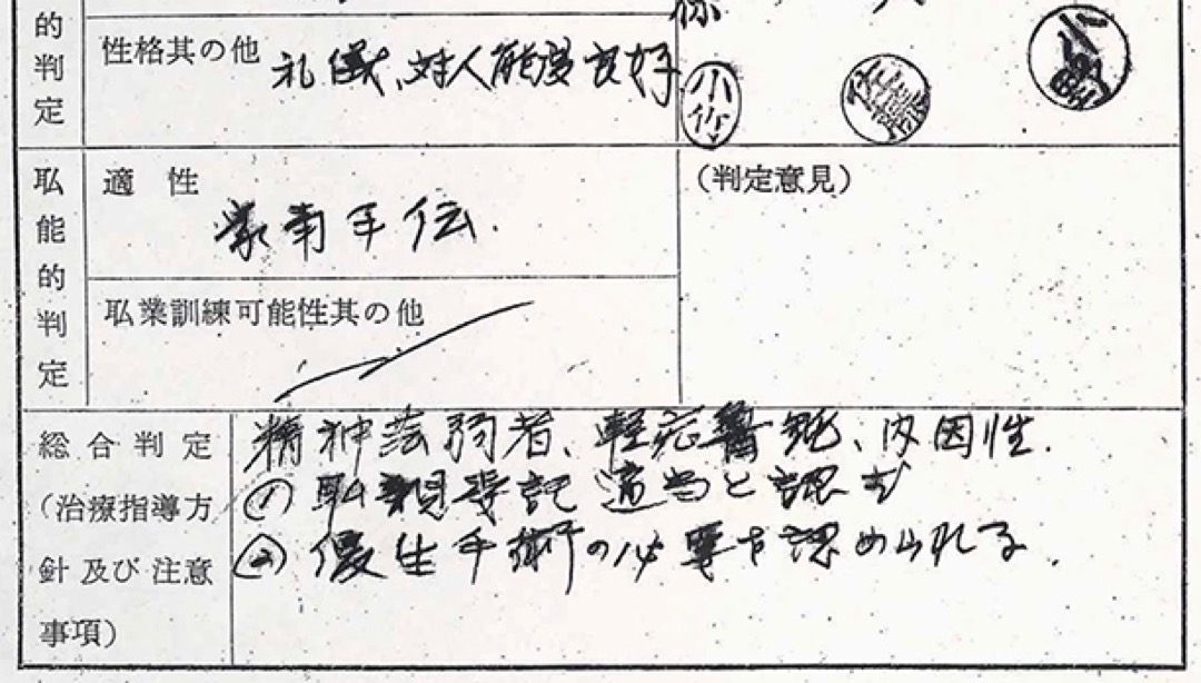 宮城縣精神薄弱者更生相談所承認飯塚淳子絕育手術必要性的文件。