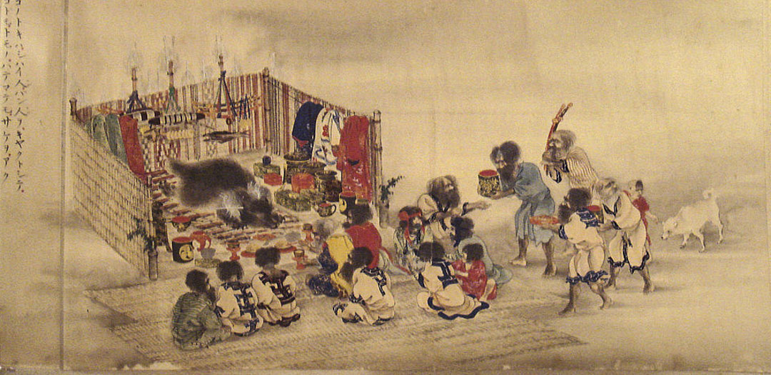 繪於1870年的阿伊奴人的熊祭。