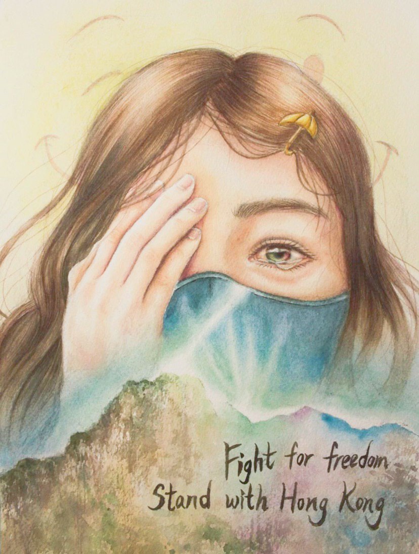 一名女示威者在尖沙咀疑被警方打爆右眼，激發網民創作的插畫。