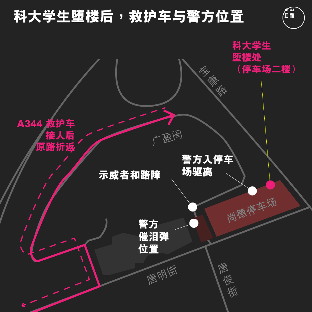 科大学生坠楼后,救护车与警方位置。