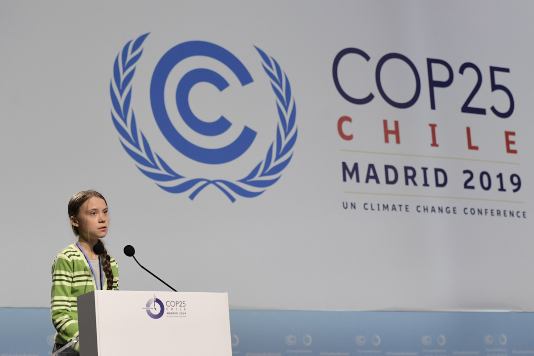 2019年12月11日，瑞典中学生格蕾塔（Greta Thunberg）在COP25发表演讲。