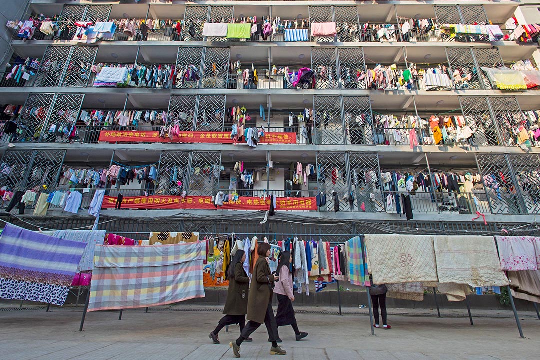 2016年11月26日,湖北某大学的女生宿舍,学生将衣物和床上用品在宿舍里晾干。