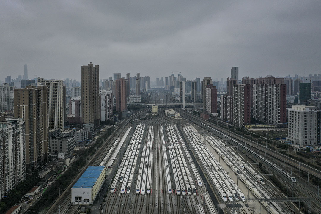 2020年2月11日,不少高鐵列車都停泊在武漢市的漢口火車站。