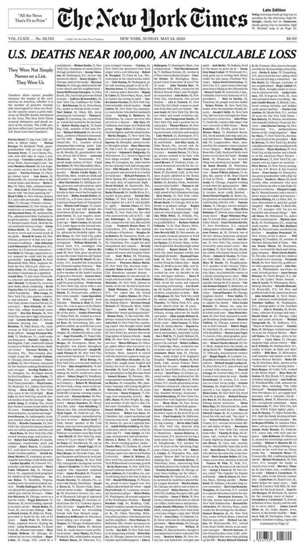 2020年5月24日,紐約時報用頭版刊登了因新型冠狀病毒死亡的一千個死者的姓名和簡介。