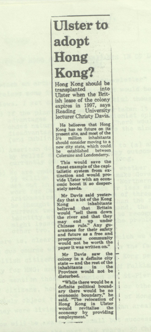 1983年,雷丁大學講師Christie Davies的建議,被北愛爾蘭著名報章The News Letter報導,引起英國外交部注意。