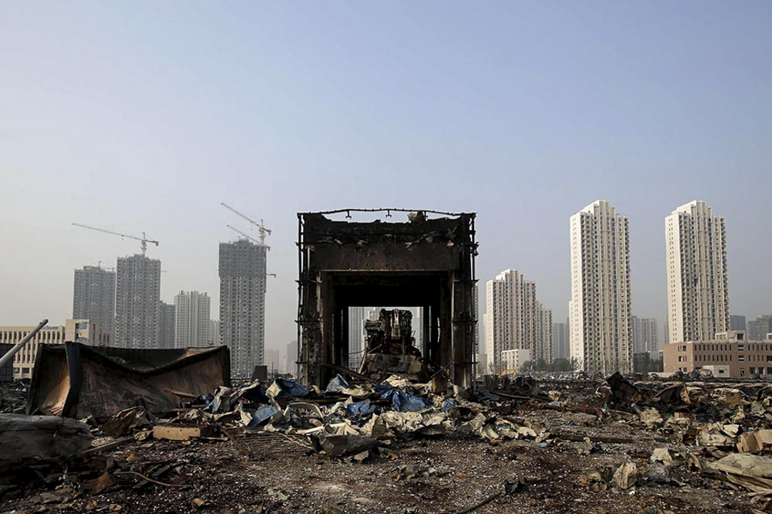 2015年8月16日,天津爆炸後的一座損壞建築物。