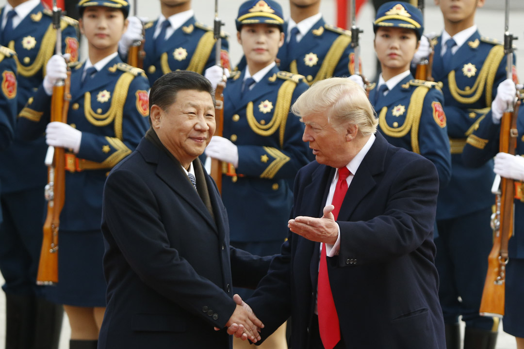 2017年11月9日,美国总统特朗普访问中国,国家主席习近平在北京举行欢迎仪式迎接特朗普。