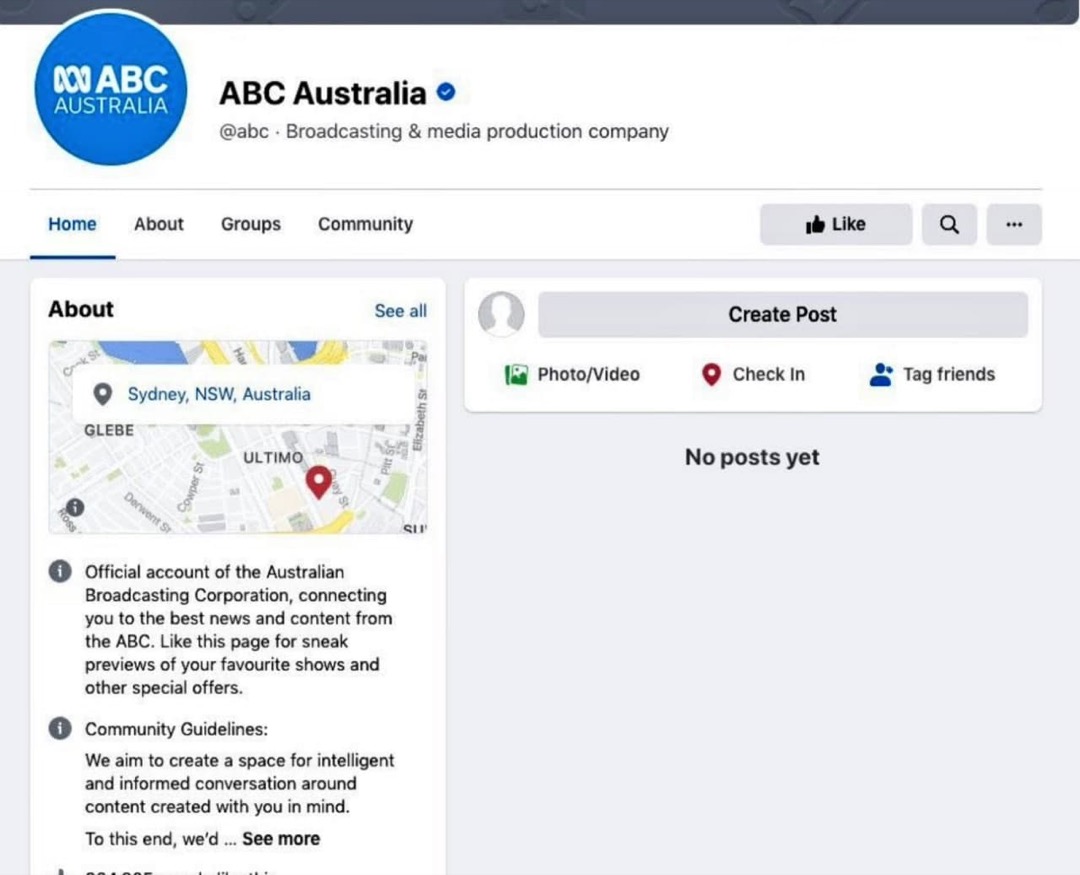 澳洲廣播公司的Facebook頁面,所有內容無法顯示。