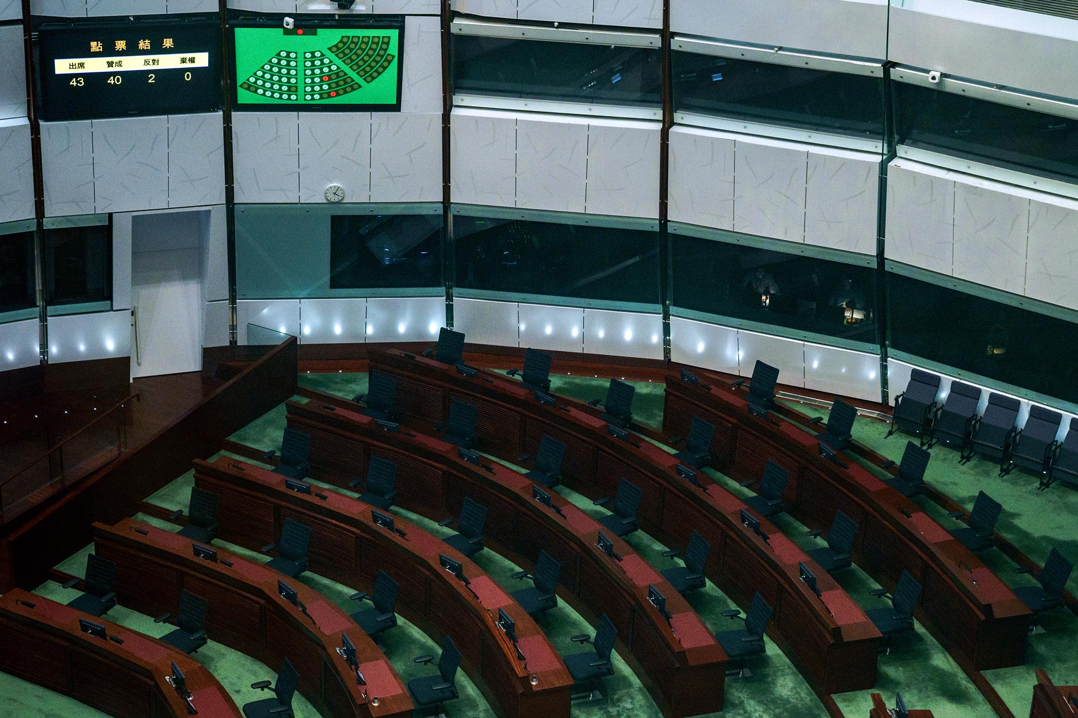2021年5月27日香港立法會，民主派體辭職後，屏幕顯示修改香港選舉制度的動議的投票結果。
