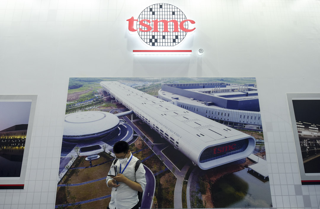 2021年6月9日,江蘇省南京國際博覽中心舉行的2021年世界半導體大會,期間台積電(TSMC)的攤位。