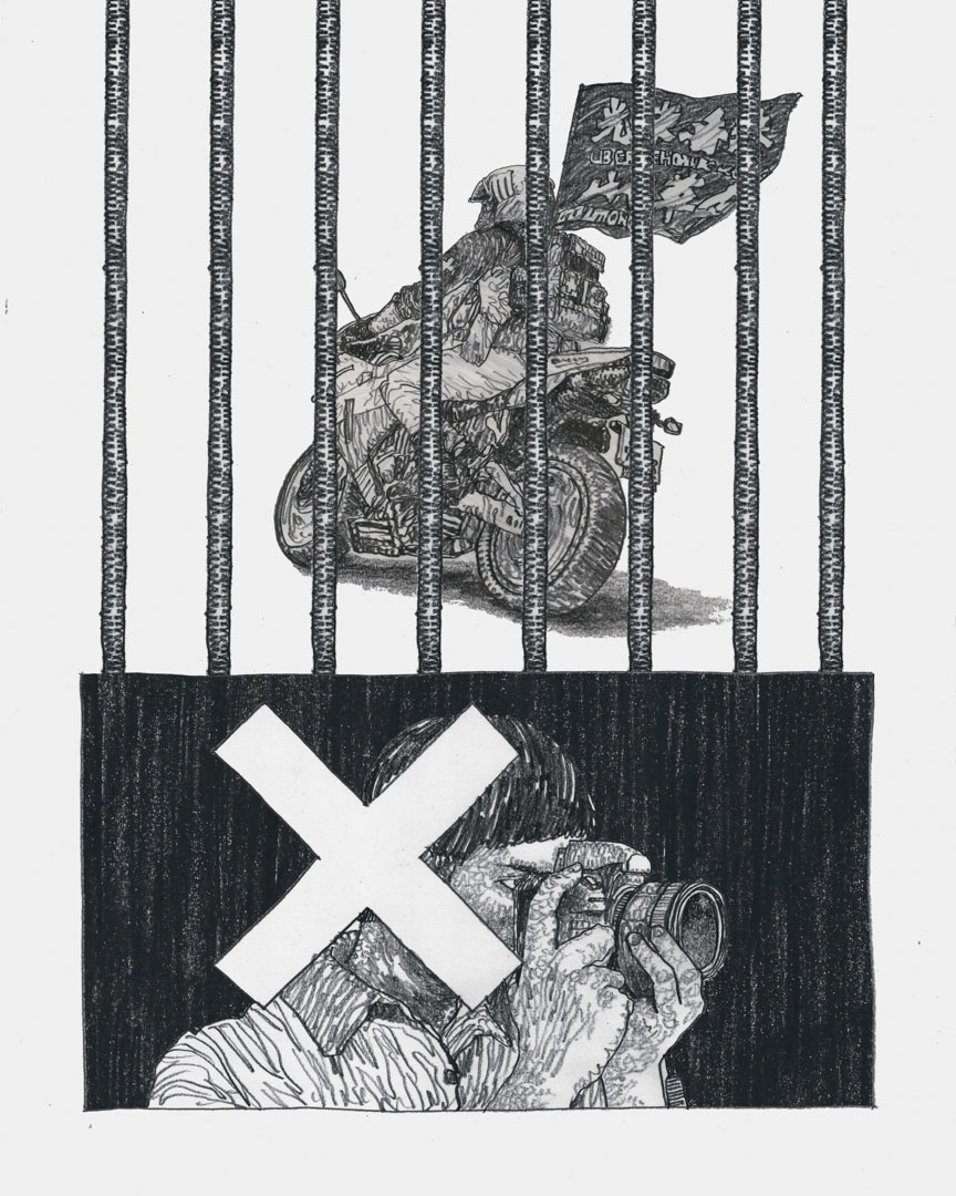 國安法首案判刑,柳廣成的畫把監獄的鐵窗欄杆直接加在騎電單車的唐英傑身上。