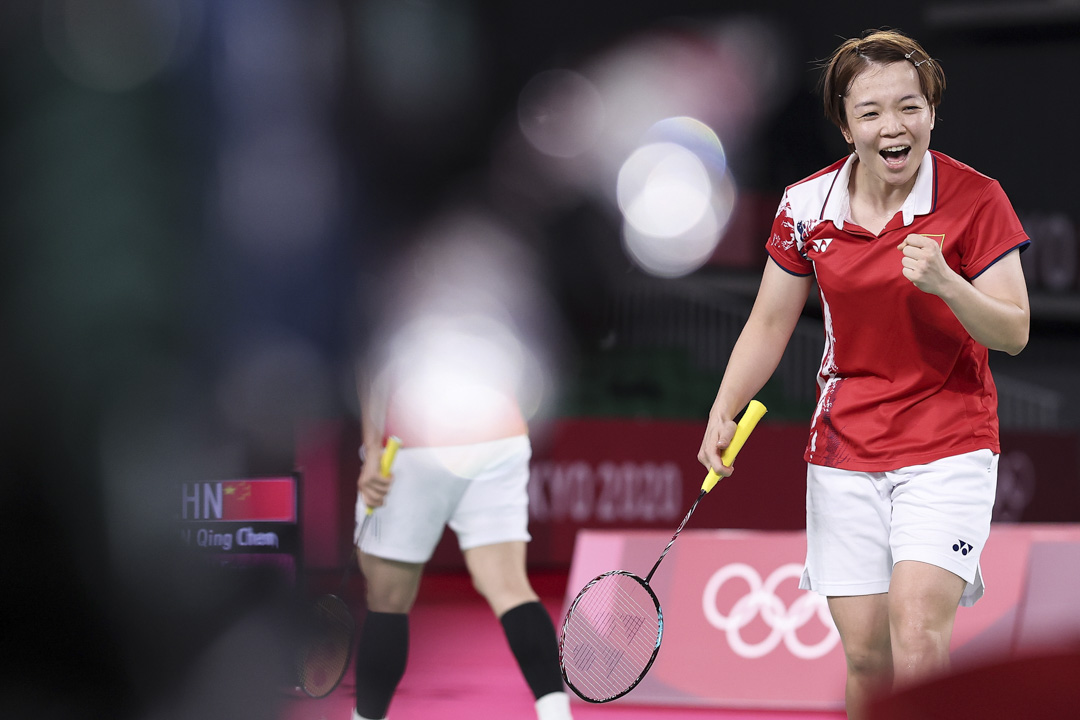 2021年8月2日,东京奥运羽毛球女双金牌战中,中国队的陈清晨。