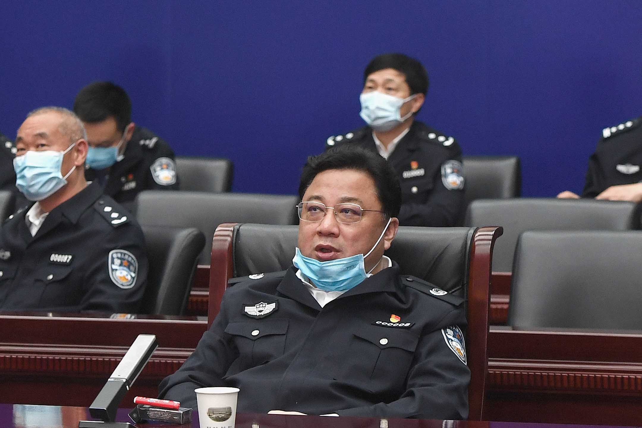 2020年4月7日中國武漢,公安部副部長孫立軍於武漢市舉行的一次會議上。