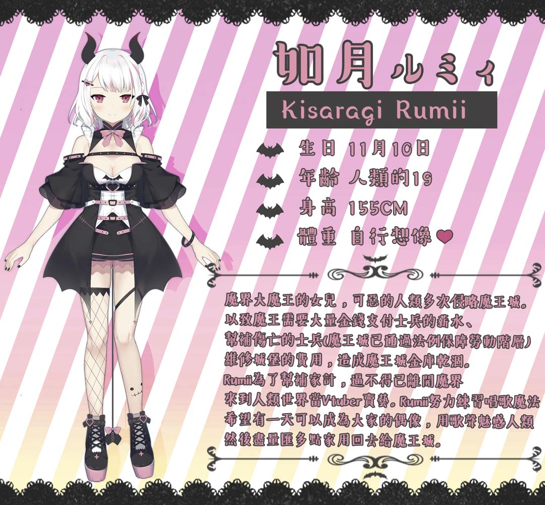 Rumii的人物设定是大魔王的女儿。魔界因被人类多次侵略,以致需要大量金钱支付士兵薪水,她逼不得已去人类世界卖艺帮补家计。