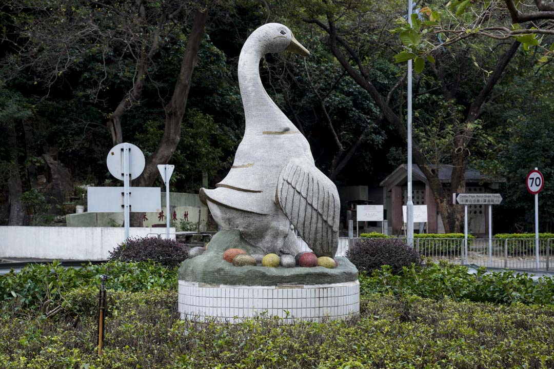荃湾区议会曾耗费七十万元兴建的一座巨大鹅形雕塑,用意在凸显“深井烧鹅”的特色。摄:林振东/端传媒