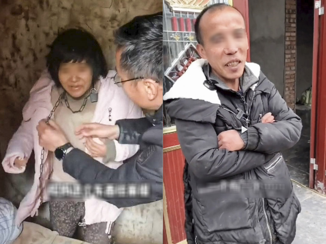 徐州農村一名八孩的母親脖子上拴着鐵鏈(左)與孩子的父親董某民(右)。