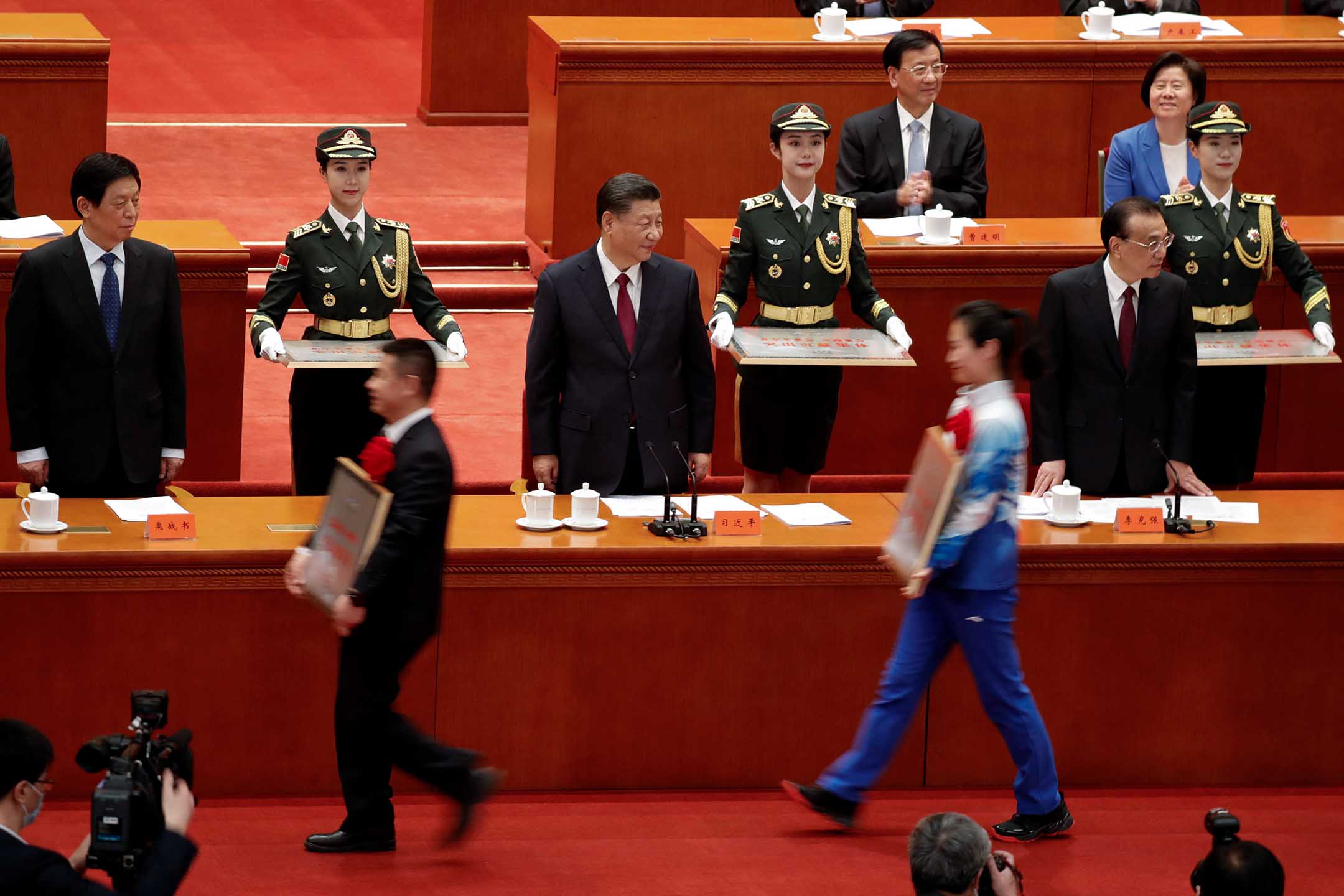 2022年4月8日,北京人民大会堂,中国国家主席习近平在2022年冬奥会和冬残奥会总结表彰大会上。