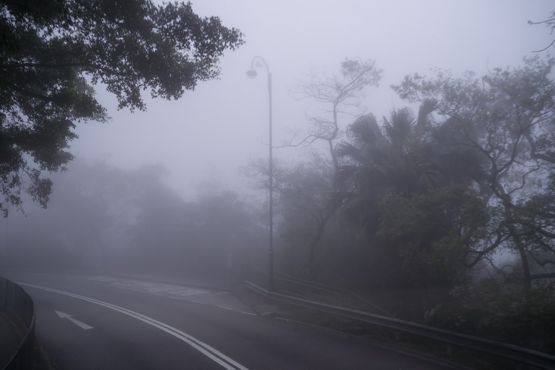 香港,霧中的馬路中央。