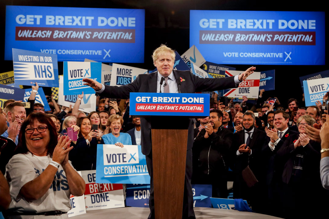 2019年11月6日,英國首相約翰遜在英國伯明翰舉行的執政保守黨競選活動中發表講話。