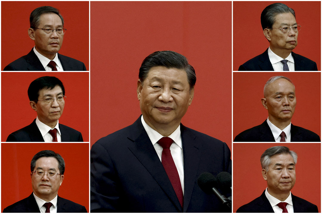 2022年10月23日,北京人民大會堂,中國國家主席習近平與新的政治局常委李強、趙樂際、王滬寧、蔡奇、丁薛祥、李希會見傳媒。