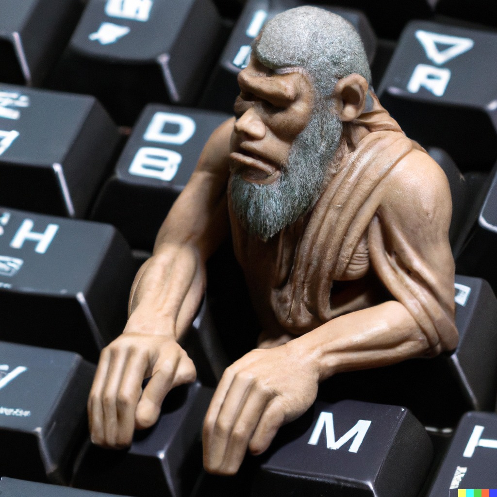 作者利用DALL.E生成的图片,指令是“在键盘上打日语的原始人类”,但生成图片中的原始人没有在打键盘,键盘上的也不是日语。