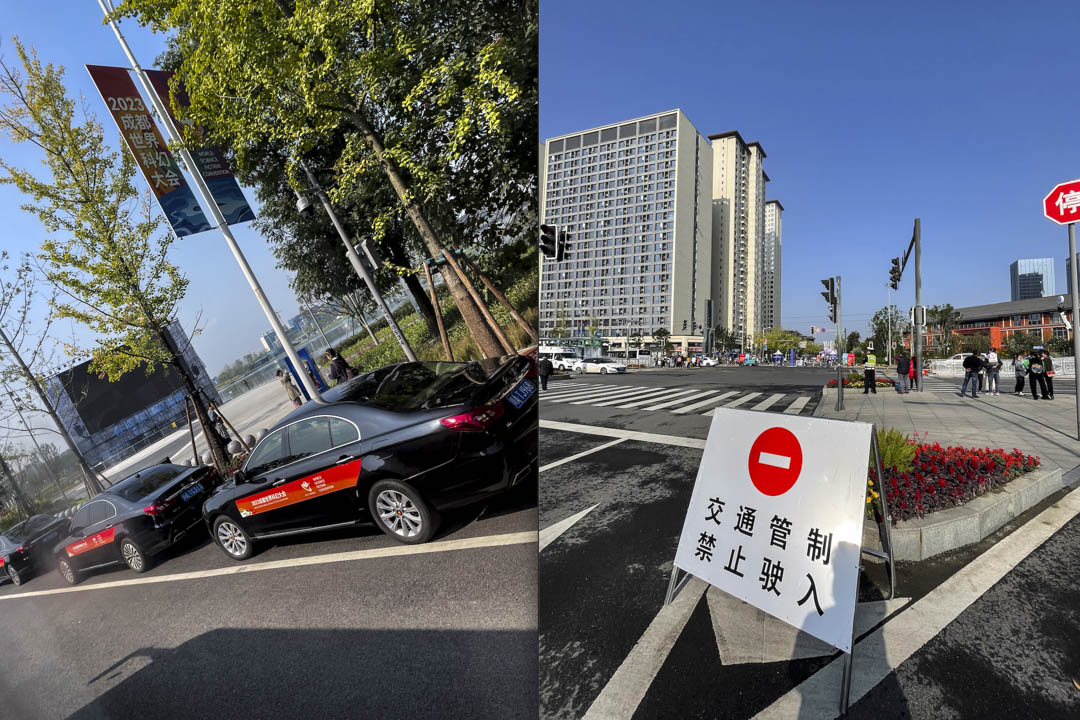 成都恆邦天府喜來登酒店門口,停在路邊的紅旗車,等待接送貴賓;主會場成都科幻館1公里開外的交通管制標識。攝:作者