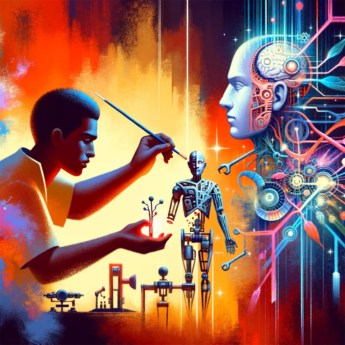 “要为 AI 制造出一个更类似于人类的自我,答案是它们必须要有身体。给了它一个身体,它的自我,像人类的那种自我才能长出来⋯⋯但是我反对。”伊格言 图:Mantha Mok / 端传媒,由DALL·E生成