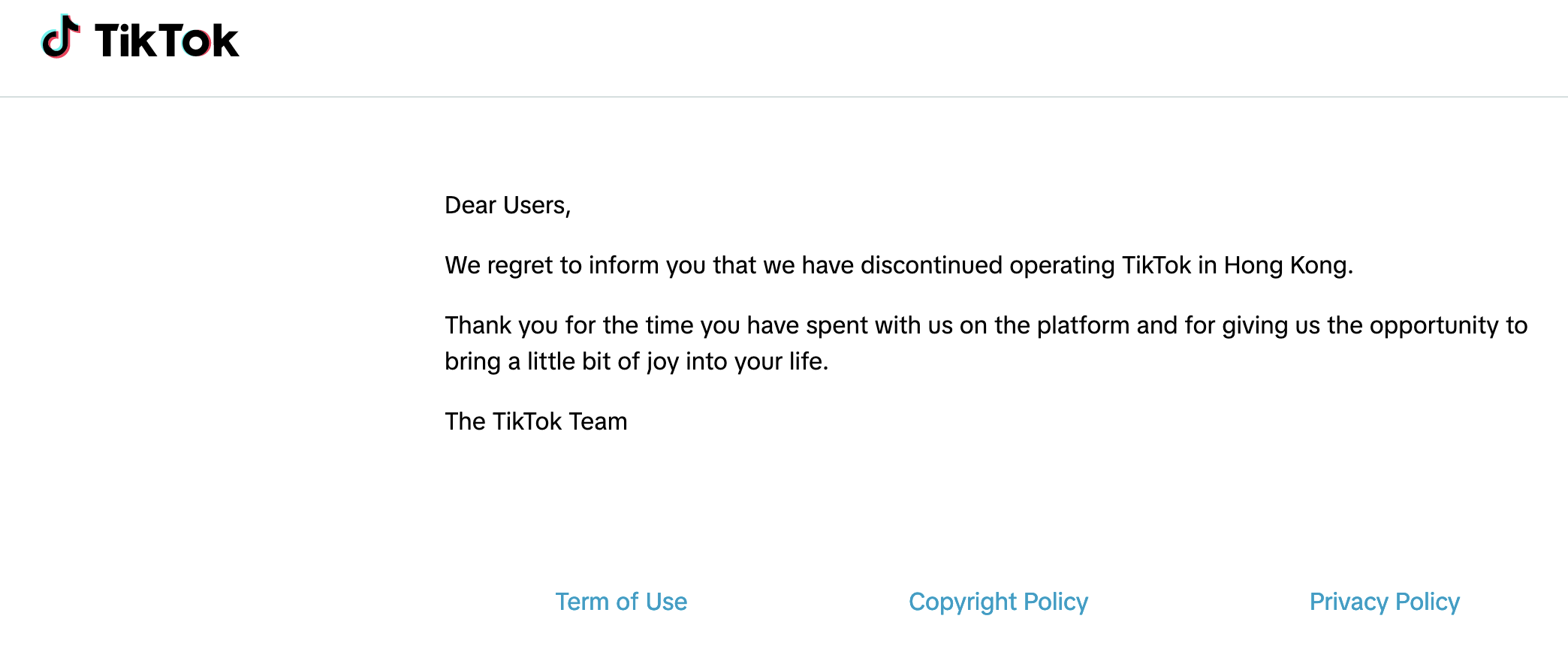 2020年,TikTok 宣布退出香港。图:官方网站