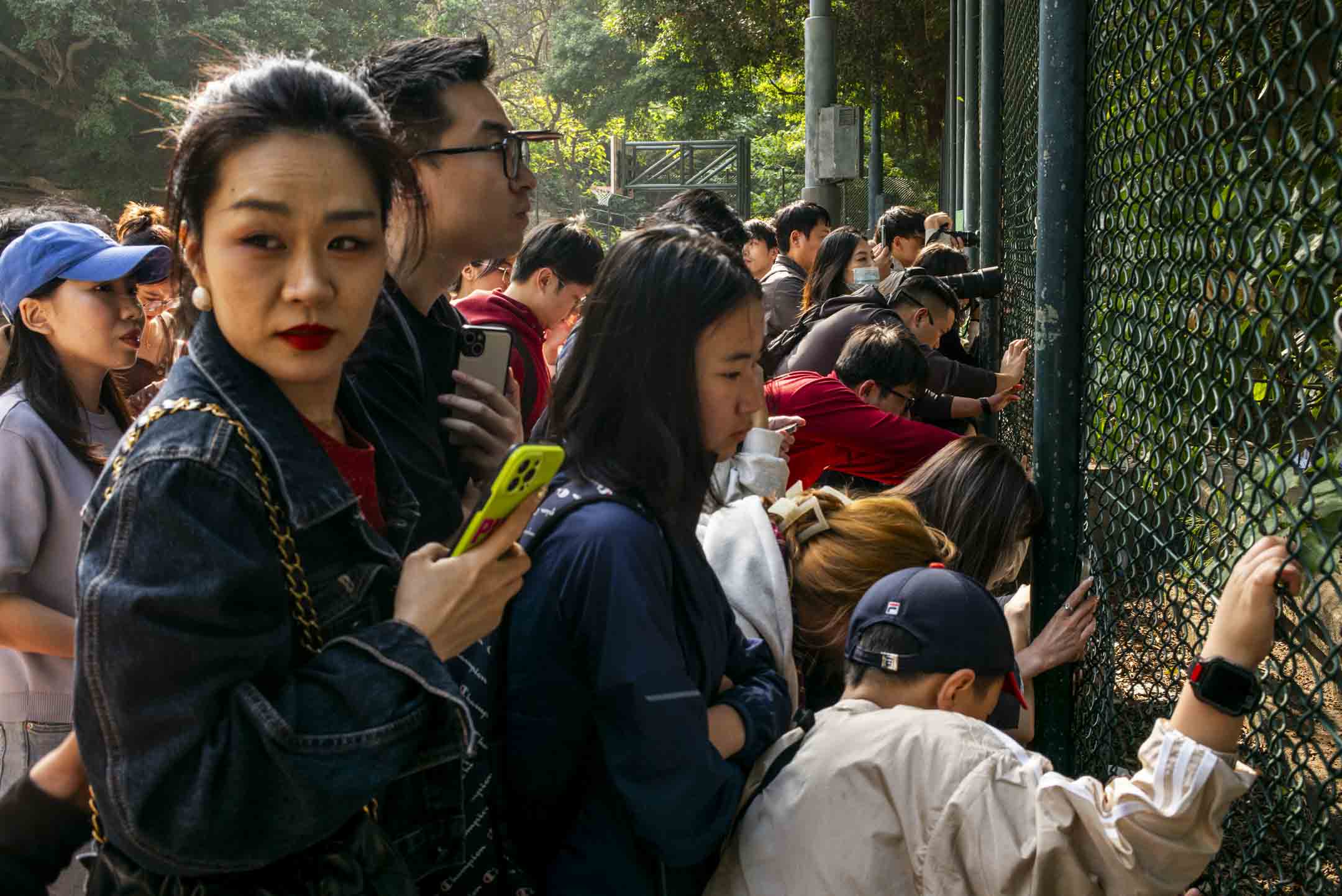 科士街游乐场的一众内地游客,拍摄目标是在围栏铁丝网外的西环夹缝中海景。摄:林振东/端传媒