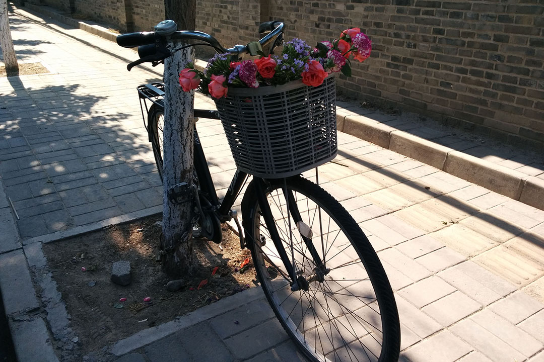 「艾未未工作室門前的單車籃，每天會換一束新花，以示老艾「人還活著」。寫此文時是6月中，沒想到文章刊出時，人已在德國了。祝一切安好。」──阿Lo
