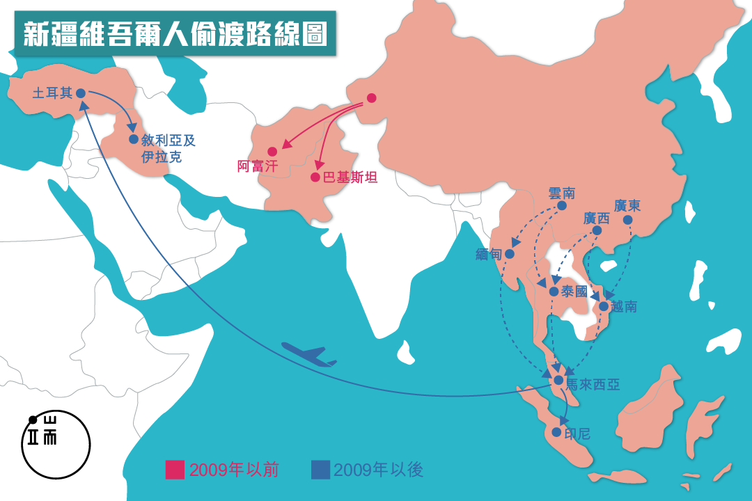 新疆维吾尔人偷渡路线图。图：端传媒设计部